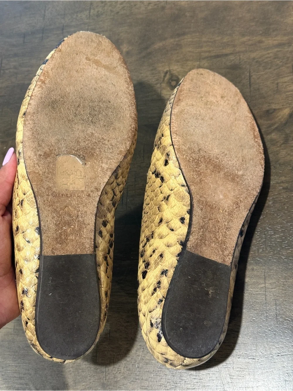 Tory Burch Snakeskin Print Gold Logo Leather Flats